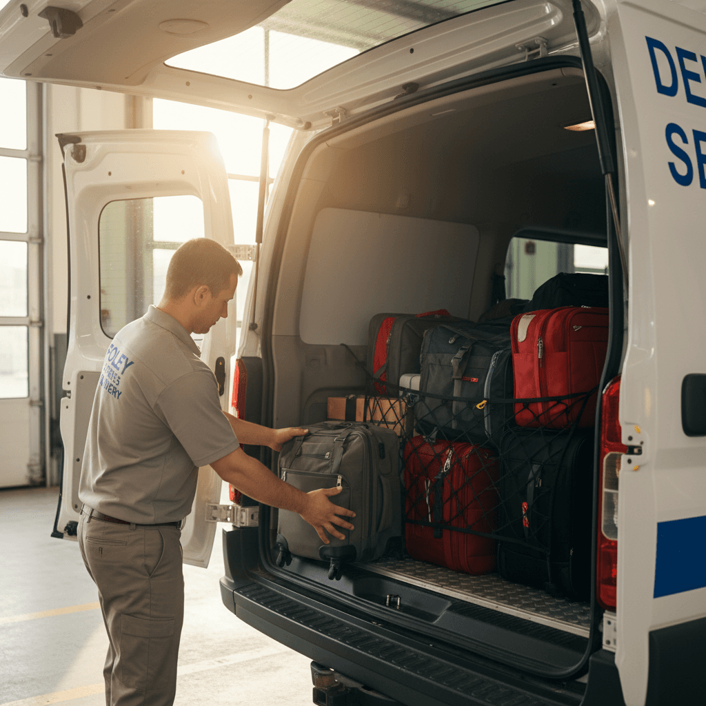 Baggage handler carefully loading suitcase into delivery vehicle