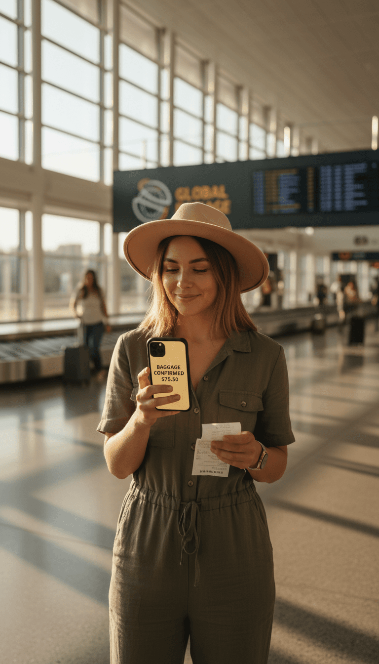 Traveler reviewing baggage delivery pricing on phone