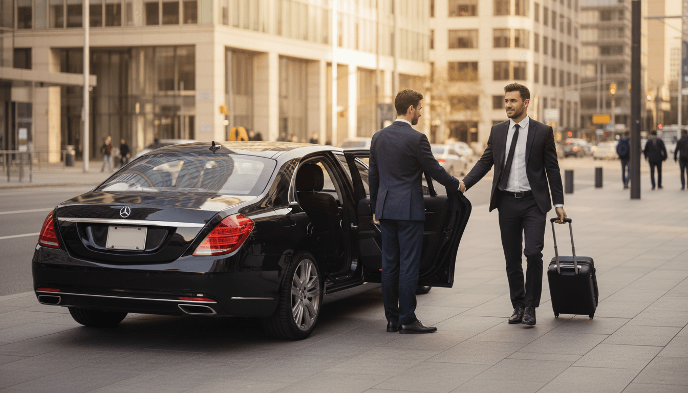 Professional driver opening car door at airport terminal entrance